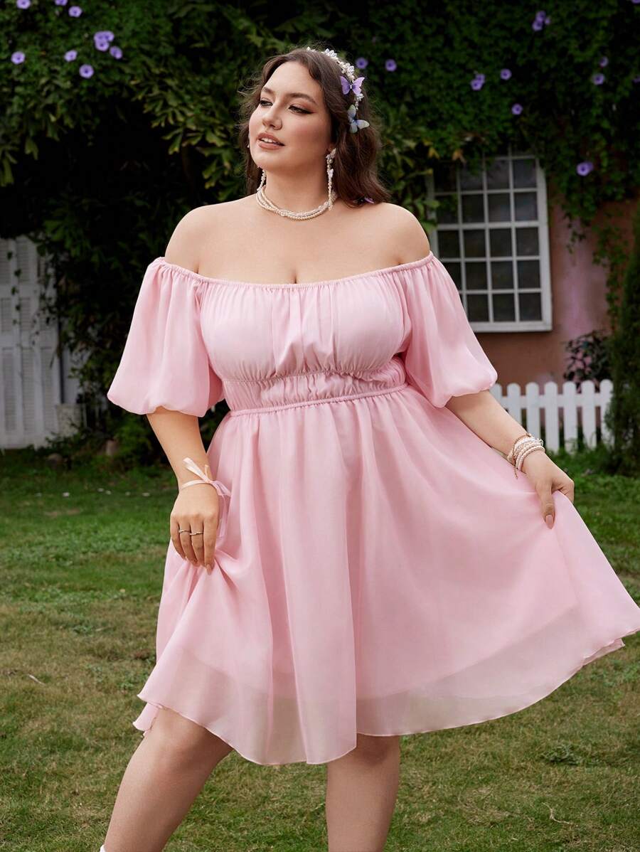 Flirla Plus Size Casual Vacation Retro Girl Waistband Off-Shoulder Ruffle Puff Sleeve Knee-Length Dress - Pink - View 1