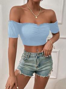 SHEIN Unity Women's Simple Solid Color Off Shoulder Crop Top, Summer - Baby Blue - View 3