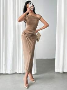 Modelyn Women's Elegant Ruched Shoulder Cinched Waist Dress, Summer - Brown - View 5