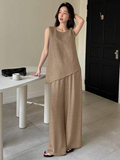 DAZY Bộ đồ nữ 2 món mùa hè, chất liệu giả vải lanh, kiểu dáng cổ điển, sang trọng, thích hợp cho kỳ nghỉ biển, phong cách thường ngày.