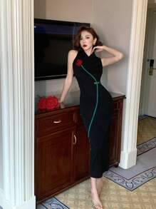 DAZY Nuovo abito in stile cinese migliorato, cheongsam nero senza maniche in maglia con motivo ricamato a rose, adatto per estate e autunno