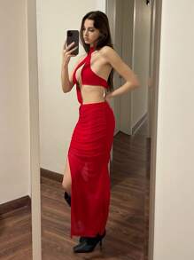 SHEIN ICON 性感夏季露背镂空百褶开叉连衣裙 - 紅色 - 查看 5
