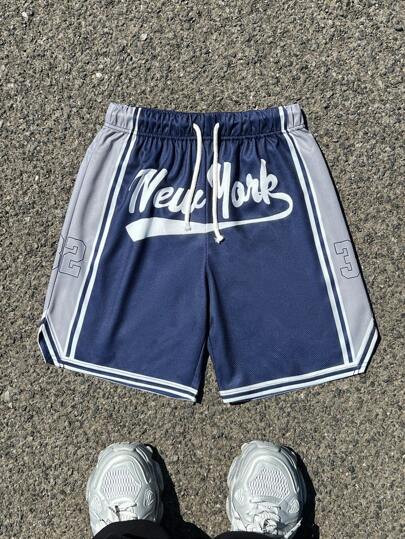 SHEIN Leap Crew 青少年男孩蓝白拼色字母印花篮球短裤，休闲校园和街头风格，舒适、百搭、柔软面料，适合日常、学校、户外、篮球、春夏季