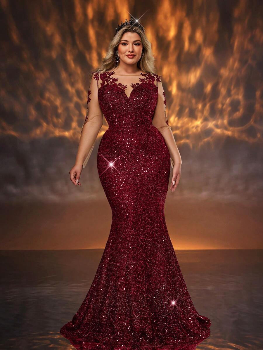 Glamrae 加大码优雅网眼刺绣长袖 V 领高腰鱼尾礼服、派对礼服、晚礼服、婚礼宾客礼服