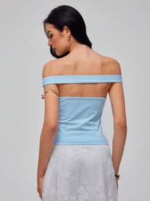 Roylia Áo thun hở vai hở lưng họa tiết dâu tây thanh lịch cho nữ, mùa hè - Màu xanh lam - Xem 2