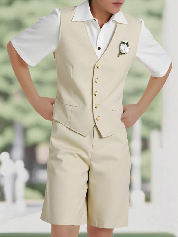 SHEIN 2 Stücke/Set Teenager Jungen Gentleman Outfit, Slim Fit hellbeige Weste + elegante Shorts, formelle Kleidung für Geburtstagsfeiern, Hochzeiten, Abschluss, Hochzeitsgast, Pagenknabe, Ringgeber