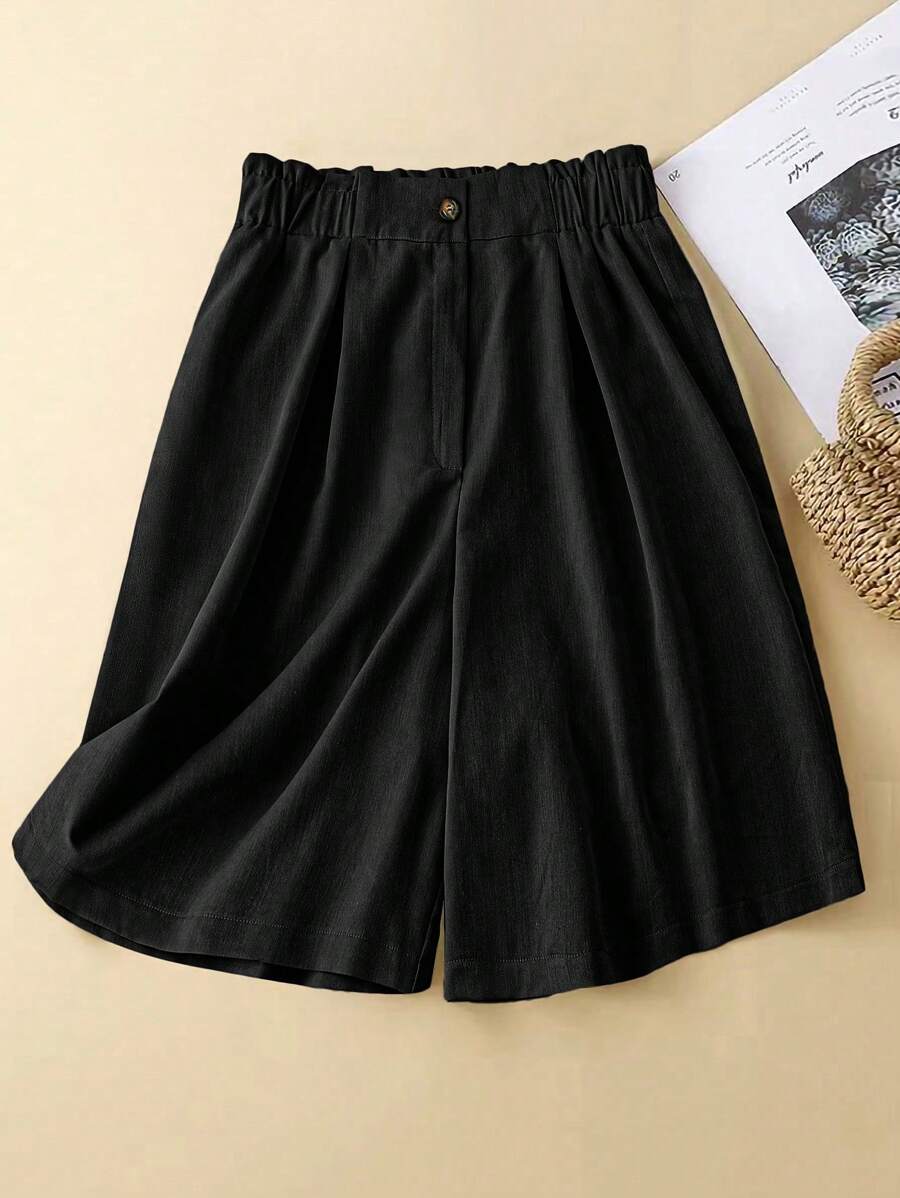 Linhara Shorts casuales de mujer de talla grande color caqui con cintura elástica y cordón, cierre con cremallera delantera, de moda para primavera y verano - Negro - Ver 1