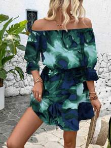 Breezaya 露肩印花连衣裙，配腰带，女士度假海滩装