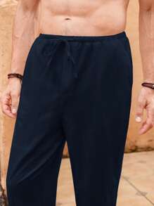 Manfinity VCAY 男士基本款夏季度假轻便宽松亚麻沙滩裤 - 藏蓝色 - 查看 4