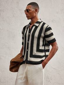 AKNOTIC Party Men's Fitted Ribbed Stand Collar Short Sleeve Casual Knitted Cardigan, Suitable For Daily Matching - Black - View 3