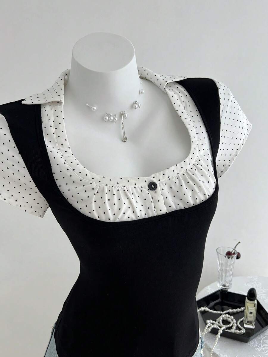 Elamini Women's Round Neck Dot Print Splice Tight Knitted 2 In 1 T-Shirt, Spring/Summer - Black and White - View 1