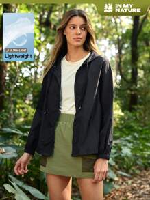 In My Nature Veste de soleil pour femmes avec col zippé, cordon de serrage, capuche et manches longues de couleur unie, idéal pour la randonnée