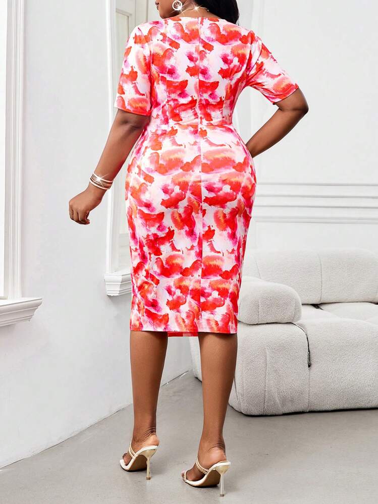 SHEIN Lady Spring Summer Elegant Colorful Prints Elegant Vintage Work Wedding Reception Valentine's Day New Year Party Knit Deep V Neck Rhinestones Ruffles New Slim Fit Dress Plus Size Dress Formal Prom Dress Plus Size Dress - Multicolor - View 6