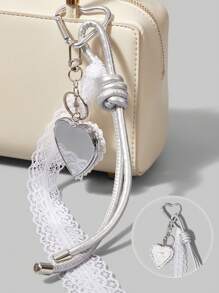 ROMWE Kawaii 1pc Korean Style Fashion Sweet Lace Bow Heart Shaped Decorative Keychain For Bag And Accessory - White - View 1