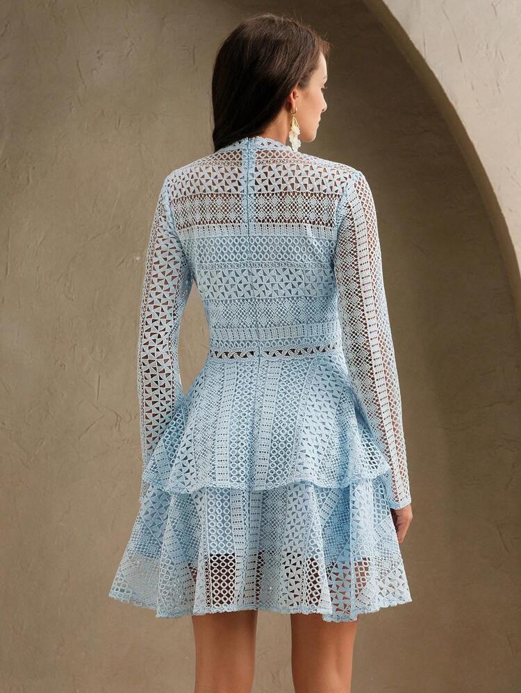 Delicate Lace Waist-Cinched Round Neck Frill Hem Light Purple Women Short Dress, Spring Outfits