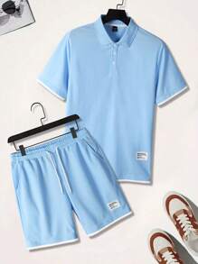 Manfinity Homme 男士休闲撞色条纹装饰二合一 Polo 衫和短裤套装，夏季男士服装 2 件套 - 淺藍色 - 查看 3
