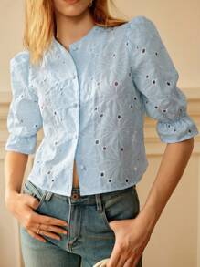 Écloséra 蓝色刺绣花卉圆领主教袖女式衬衫