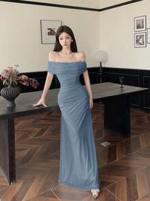 Modelyn Women's Illusion Off Shoulder Ruched Waist Dress, Elegant For Weddings And Dates - Blue - View 7