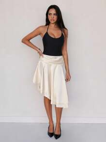 Roylia Women Elegant Satin Pleated Asymmetric Ruffle Hem Skirt - Apricot - View 3