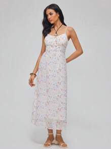 Roylia Women's Ditsy Floral Drawstring Spaghetti Strap Dress - White - View 4