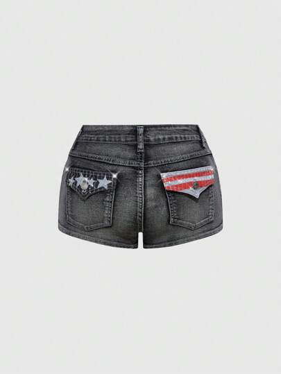 Grunge Punk Shorts di jeans attillati e strappati dal look sexy con stampa bandiera americana, in stile punk