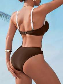 Voyashape Women's DD Cup Swimsuit, Spaghetti Strap V-Neck Push-Up Gathering High-Cut Swimsuit Shorts 2 Pieces Beachwear For Summer Beach Vacation - Coffee Brown - View 2