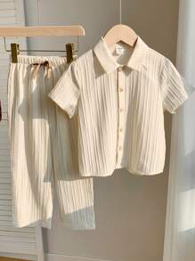 SHEIN 2 件儿童年轻男孩休闲百搭舒适波浪条纹翻领开领短袖衬衫短裤梭织两件套适合通勤上学日常休闲度假旅行适合运动适合春夏季 - 卡其色 - 查看 4