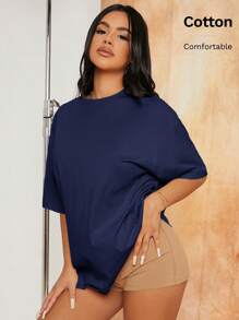SHEIN SXY Solid Drop Shoulder Tee - Navy Blue - View 7