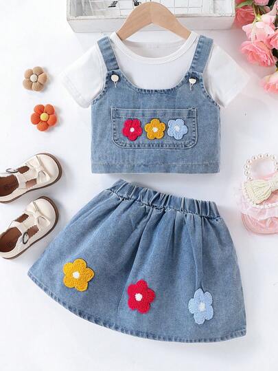 SHEIN 女童牛仔三件套：泡泡袖浅色水洗牛仔上衣、花卉刺绣短款上衣和配套裙子 - 时尚可爱风格，适合日常休闲穿着，幼儿尺码