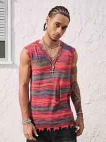 ROMWE MEN Men's Gradient Distressed V-Neck Sleeveless Casual Top, Suitable For Everyday Wear Vacation - Red - View 5