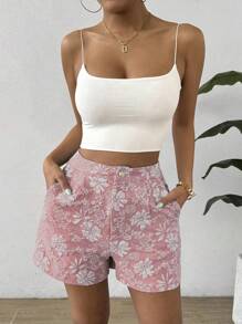 SHEIN Clasi Pantalones cortos de verano de pierna recta, elegantes, con estampado aleatorio de unicolor - Rosa vieja - Ver 5