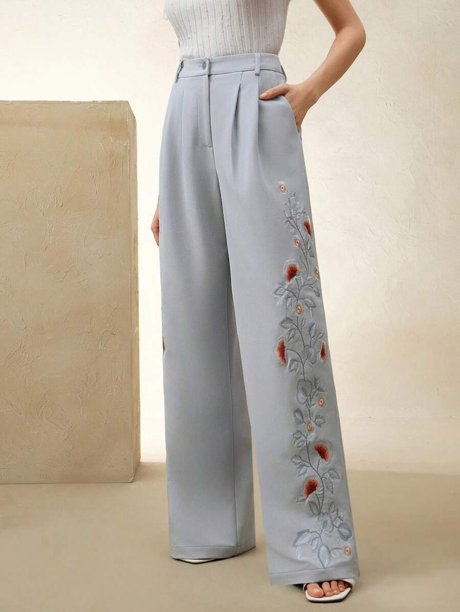 Anewsta Women's Spring/Summer Loose Floral Embroidery Ankle Dress Pants - Dusty Blue - View 1