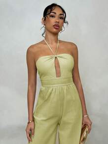 Glamine Combinaison ample élégante en lin avec encolure ras-du-cou pour femmes, vêtements de vacances - Vert olive - Voir 3