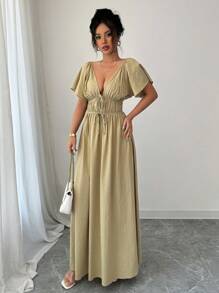 Rafferiza V-Neck Lace-Up Waist In Short Sleeve Loose Elegant Casual Ladies Spring/Summer Vacation Date Dress - Green - View 6