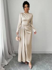 Elenzga Vestido largo con manga larga, escote en hombros fruncidos, corte de seda satinado con abertura lateral, elegante atuendo de mujer