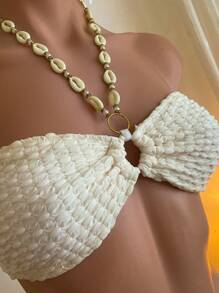 SHEIN MOD 贝壳装饰露背上衣，荷叶边下摆蝴蝶结和短款泡泡绉布比基尼两件套，海滩、海岛度假、前系带上衣、夏威夷两件套泳衣 - 杏色 - 查看 5