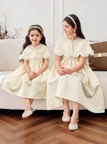 SHEIN Tween Girl Crew Neck Cape Pearl Beading Jacket & Elegant High Waist Long Dress 2Pcs Set, Sweet Princess Dress - Apricot - View 5