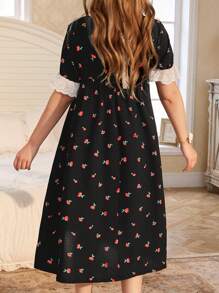 CottageSlumber Contrast Ruffle Trim Cherry Print Bubble Short Sleeve Women Nightgown Babydoll Holiday Season, Vacation