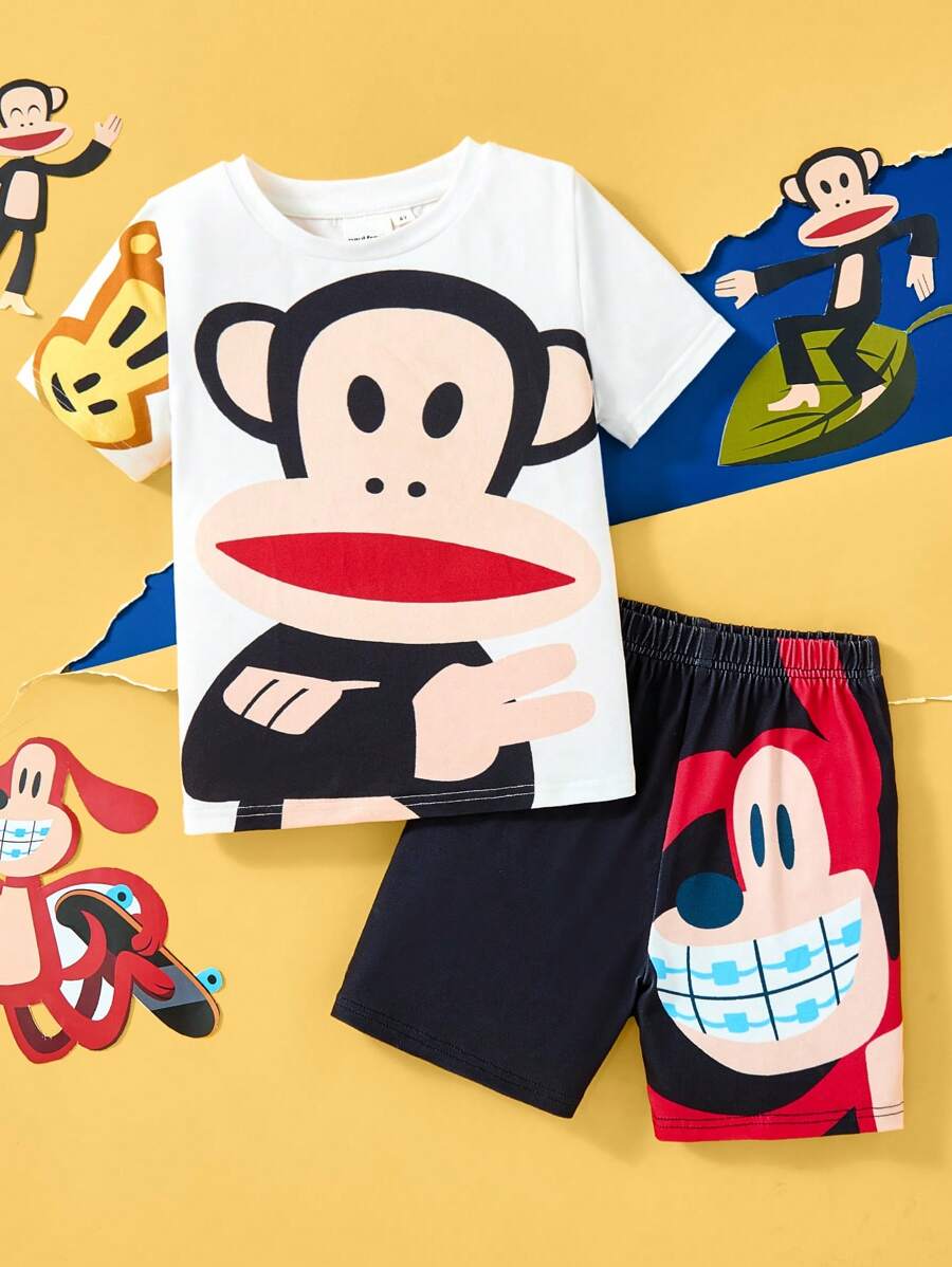 Paul Frank X SHEIN 2 buc/Set Tânăr Băiat Imprimat Desene Animat Alb Casual Drăguț Tricou cu mânecă scurtă și Pantaloni scurți negri, Set sport confortabil de vară