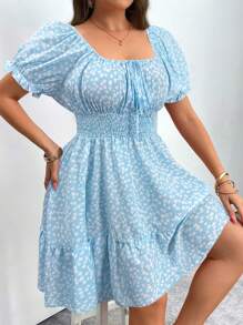 Flirla Plus Size Short Sleeve Square Neck Dress, Fashionable For Summer - Baby Blue - View 3