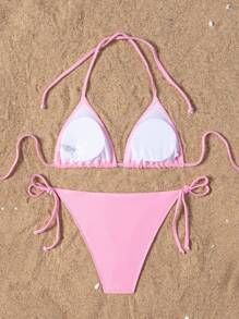 Swim Mod 2pcs Women Summer Beach Solid Color Halter Tie Sexy Pink Bikini Swimsuit Set - Pink - View 2