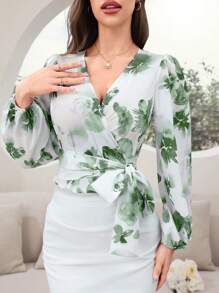 Modelyn Áo cánh tay đèn lồng in hoa thanh lịch buộc phía trước cho nữ - màu xanh lá - Xem 7