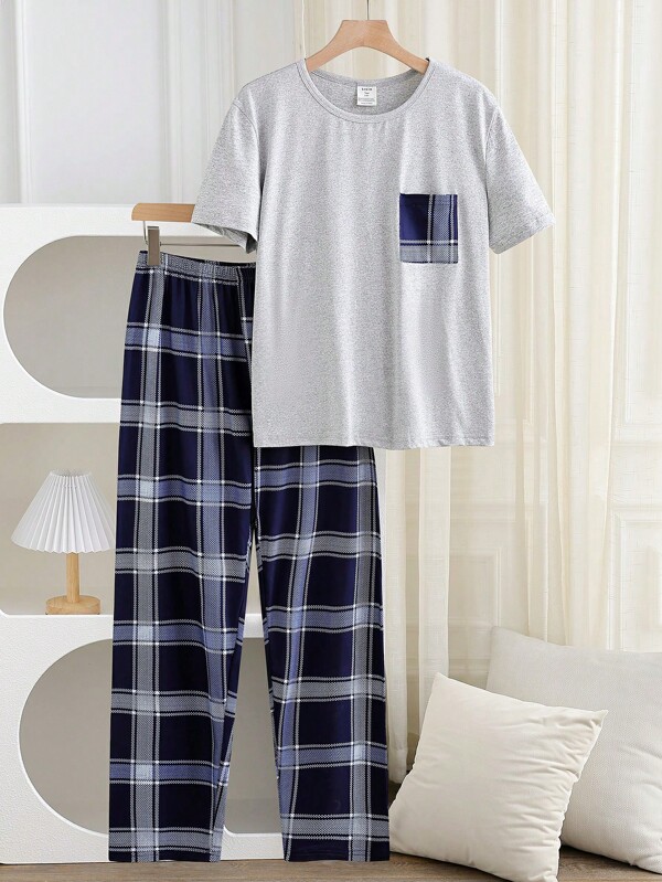 2pcs Teenage Boys' Gentleman Check Pattern Long Pants And Short Sleeve Solid Check Pocket Top, Fashion Casual Wear Set Boys Plaid Pajamas Teen Boy Pajama Set