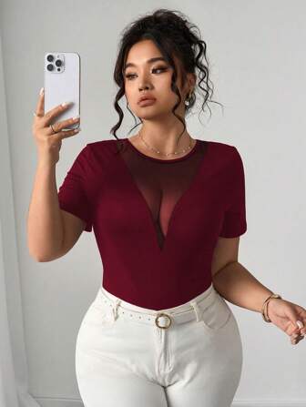 SHEIN CURVE+ 大码修身深V领拼接网眼T恤