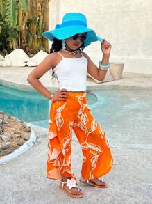 Tween Girl Spring & Summer Casual Tropical Plant Orange Print Ruffle Hem Super Wide Leg Pants , Mommy And Me Matching Outfits(2 Sets Are Sold Separately)