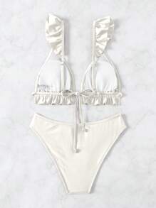 SHEIN Swim 女士纯色荷叶边系带白色比基尼套装 - 米色 - 查看 4