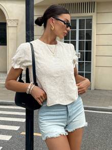 Siren Gaze Blusa de manga abullonada con escote de ojo de cerradura bordado para el verano de las mujeres - Albaricoque - Ver 5