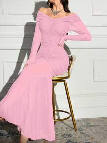 Modelyn Women Elegant Solid Color Off Shoulder Ruched Fishtail Hem Dress