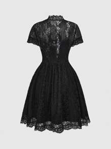 ROMWE Gothic Moon Embroidered Lace Short Black Dress For Women - Black - View 2