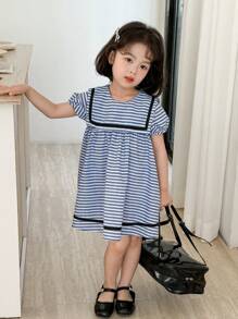 SHEIN Young Girl 's Striped Sailor Collar Puff Sleeve Mini Dress - Blue - View 3